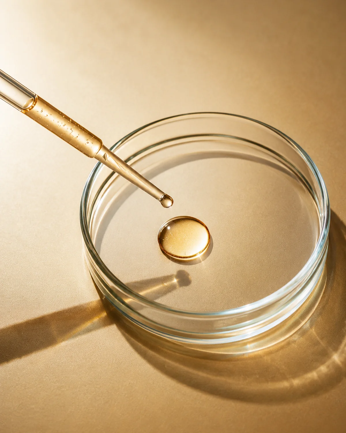 Golden liquid compound in a research petri dish