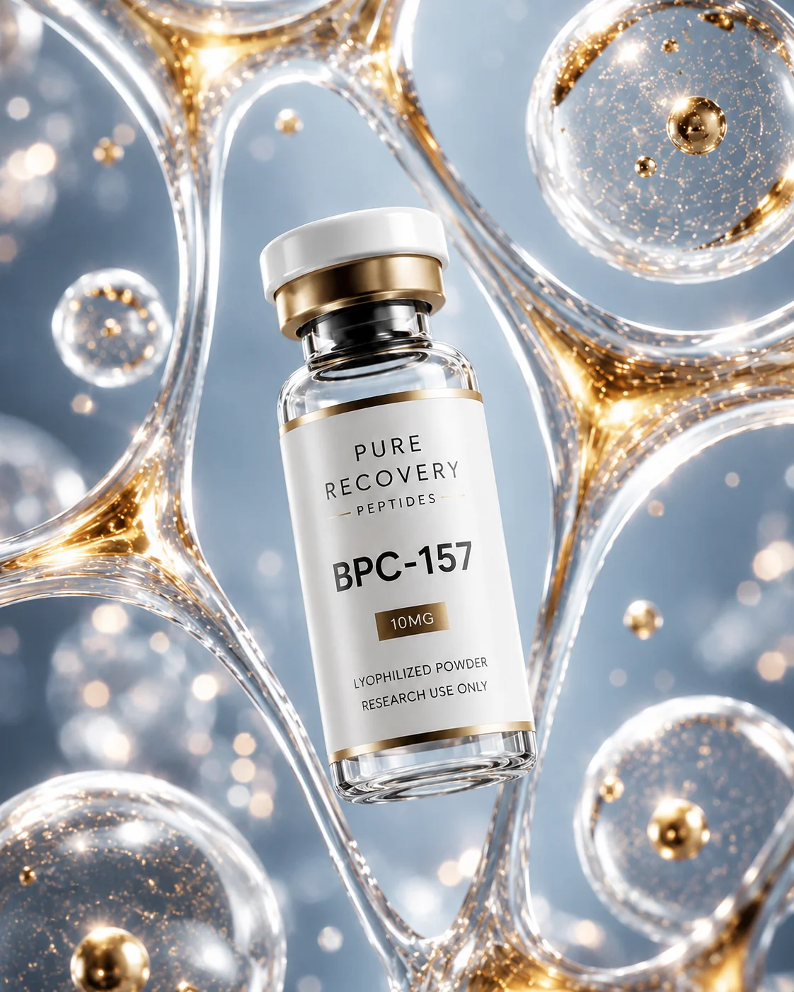 BPC-157 vial surrounded by glass molecular structures