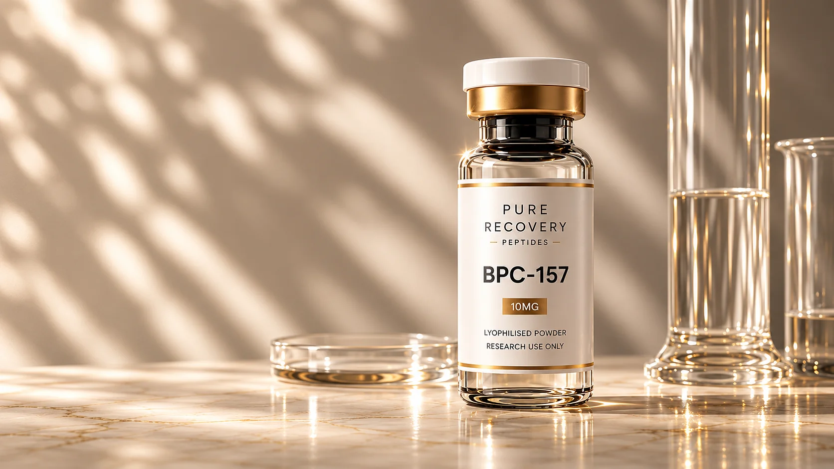 Pure Recovery Labs BPC-157 research peptide vial on marble laboratory surface