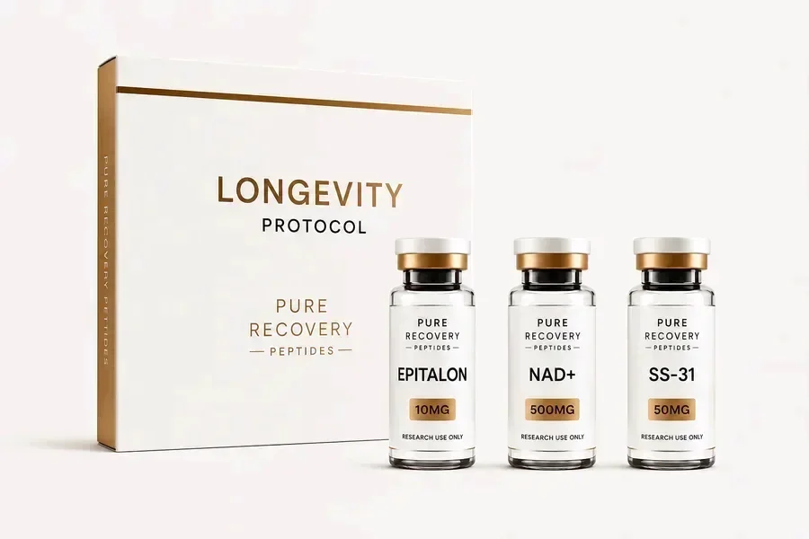 Longevity Protocol — box and vials: Epitalon, NAD+, SS-31