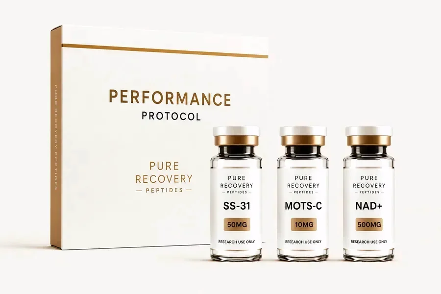 Mitochondrial Performance Protocol — box and vials: SS-31, MOTS-C, NAD+